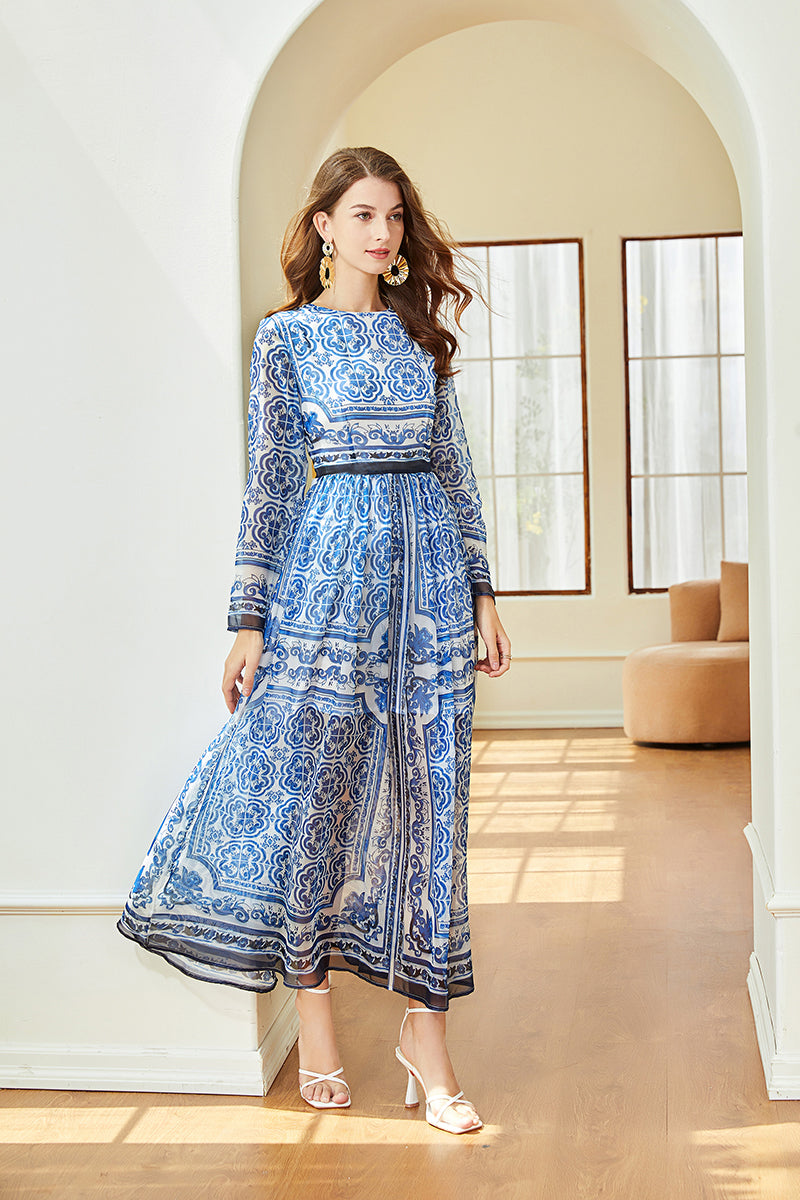 Women Summer Elegant Daily Long Sleeve A Line Maxi Dress Blue