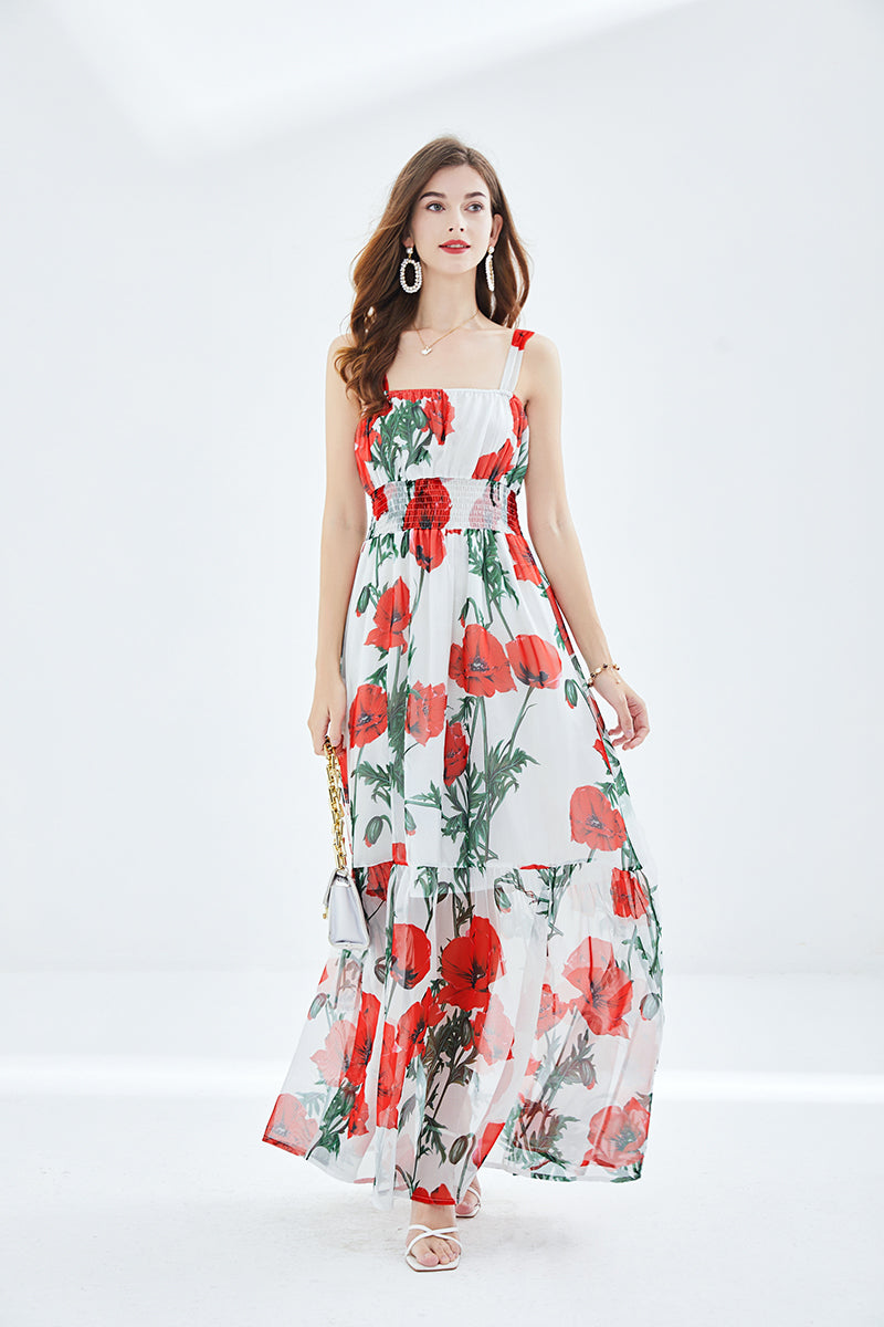 Women Summer Vacation Floral Cami A Line Maxi Dress