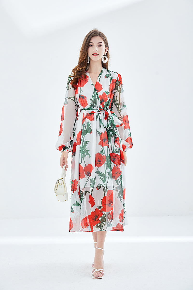 Women Spring Fall Vacation V Neck Floral Belted A Line Maxi Dress Multi