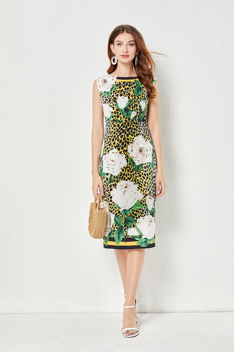 Women Summer Vacation Crew Neck Floral A Line Midi Dress Multi-1