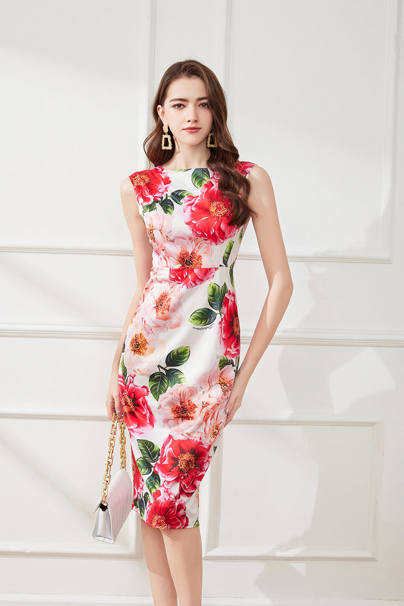 Women Summer Vacation Crew Neck Floral A Line Midi Dress Multi-4