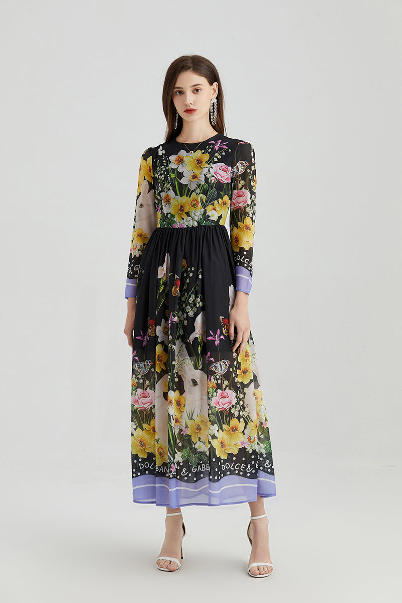 Women Spring Fall Vacation Crew Neck Floral A Line Maxi Dress Multi