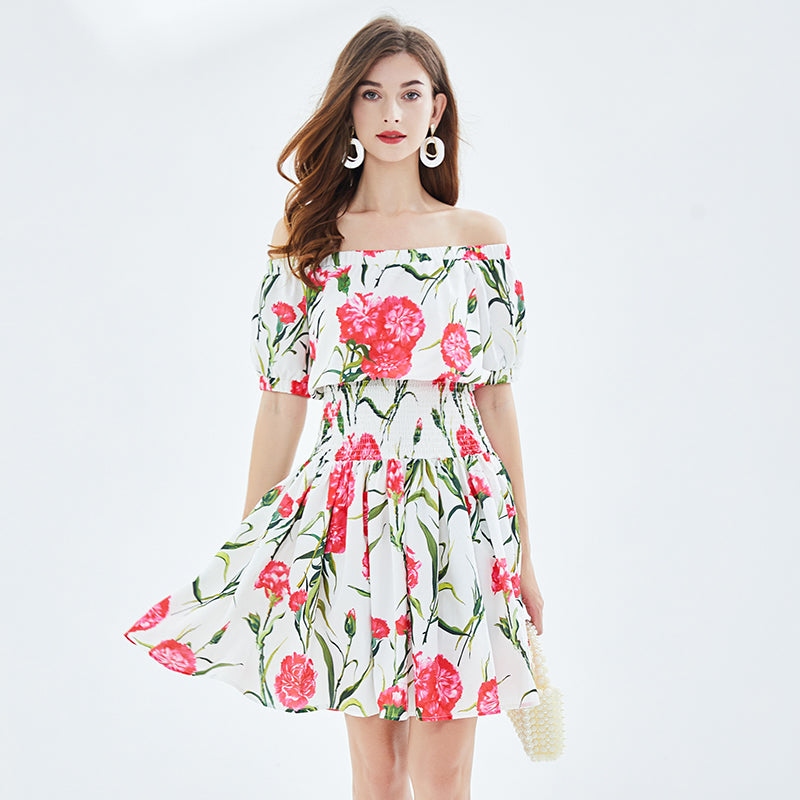 Women Spring and Summer New Rose Print off shoulder Tight Seashore Vacation Dress