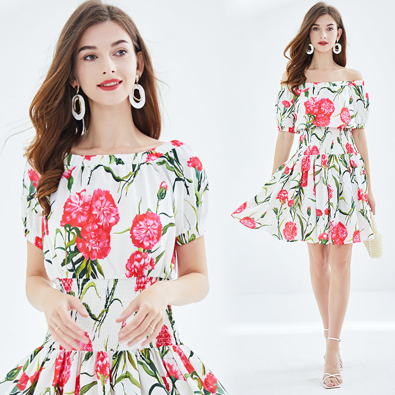 Women Spring and Summer New Rose Print off shoulder Tight Seashore Vacation Dress