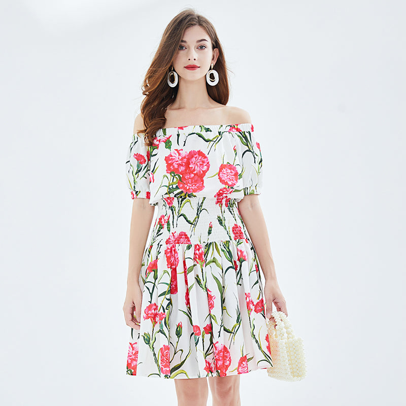 Women Spring and Summer New Rose Print off shoulder Tight Seashore Vacation Dress