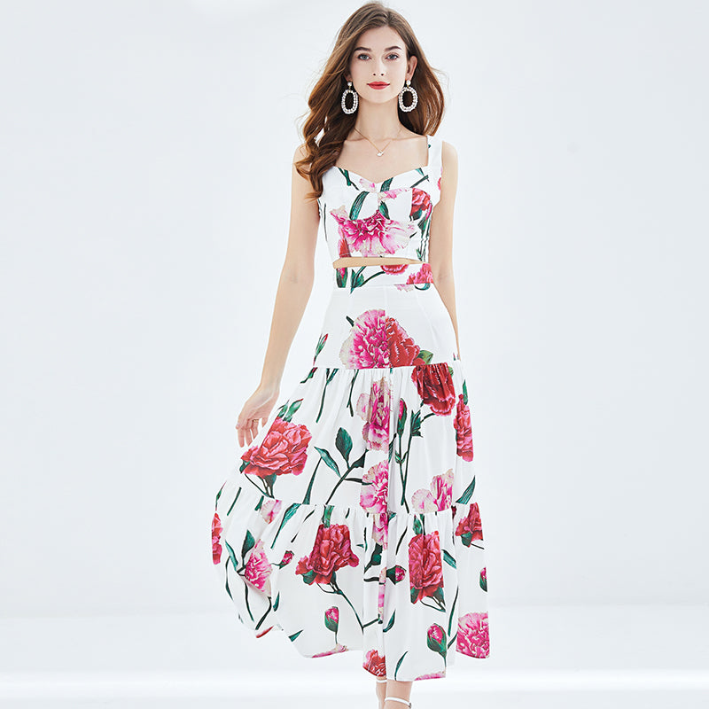 Women Spring and Summer New Rose Printing Stitching Three dimensional Strapless Skirt Two piece Set