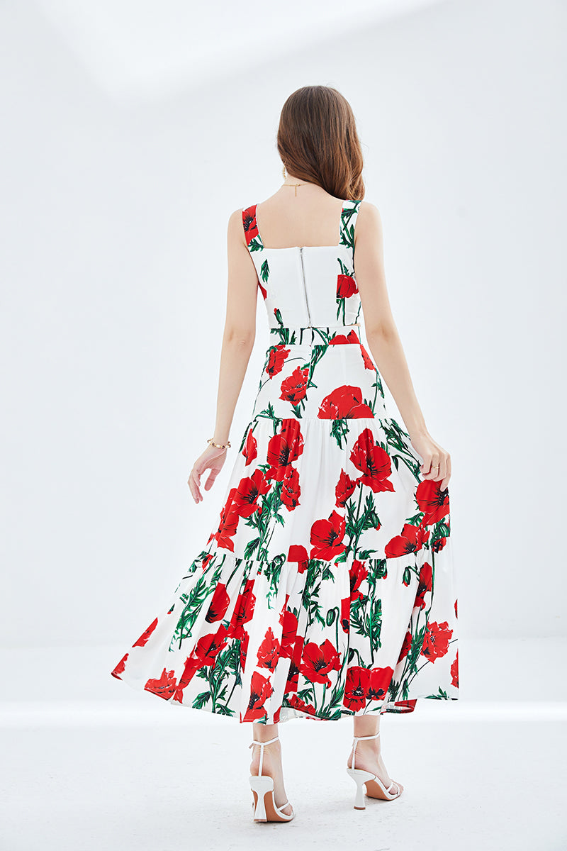 Women Spring and Summer New Rose Printing Stitching Three dimensional Strapless Skirt Two piece Set