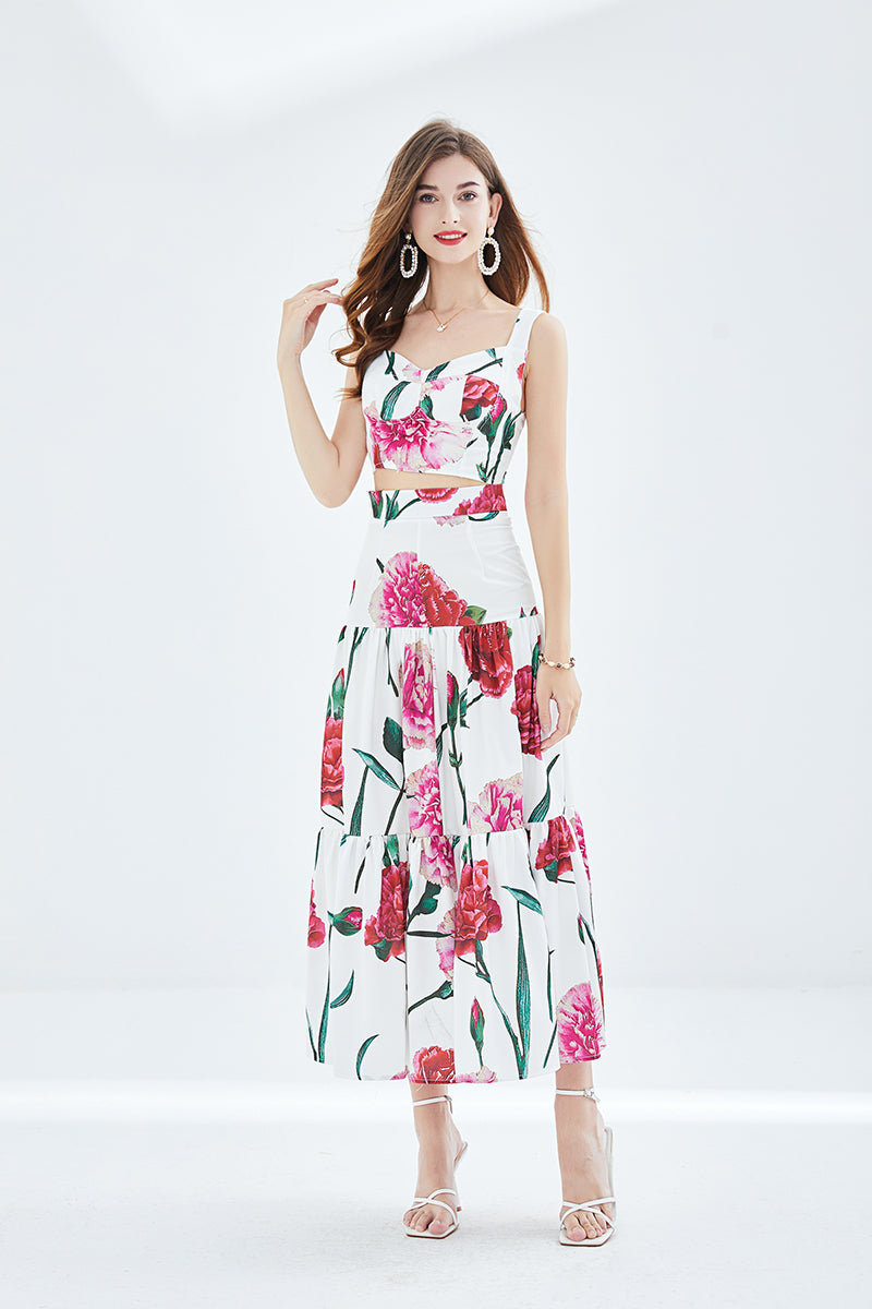 Women Spring and Summer New Rose Printing Stitching Three dimensional Strapless Skirt Two piece Set Pink