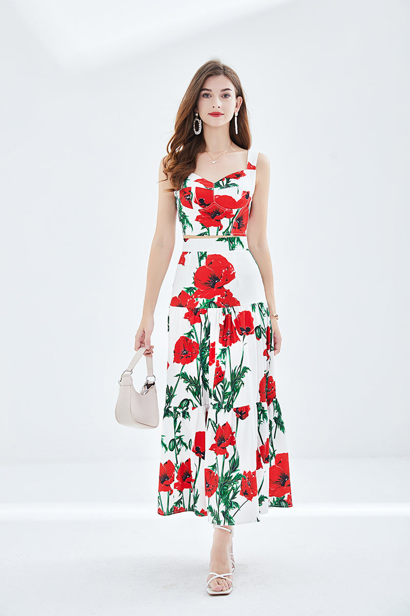 Women Spring and Summer New Rose Printing Stitching Three dimensional Strapless Skirt Two piece Set Red