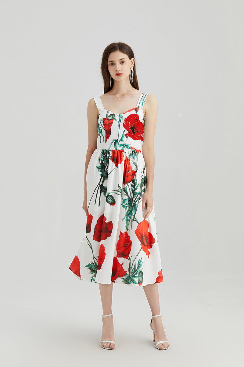 Women Spring and Summer New High Waist Printed Three-Dimensional Strapless Slip Dress Red