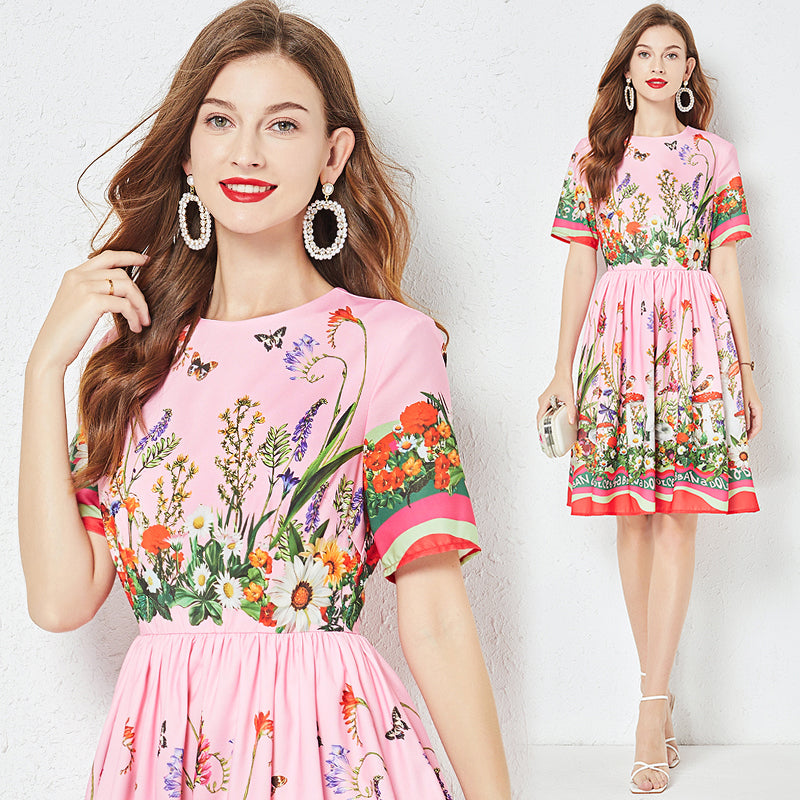 Women Summer New Positioning Butterfly Flower Print Large Swing Dress Short Sleeve A line Dress