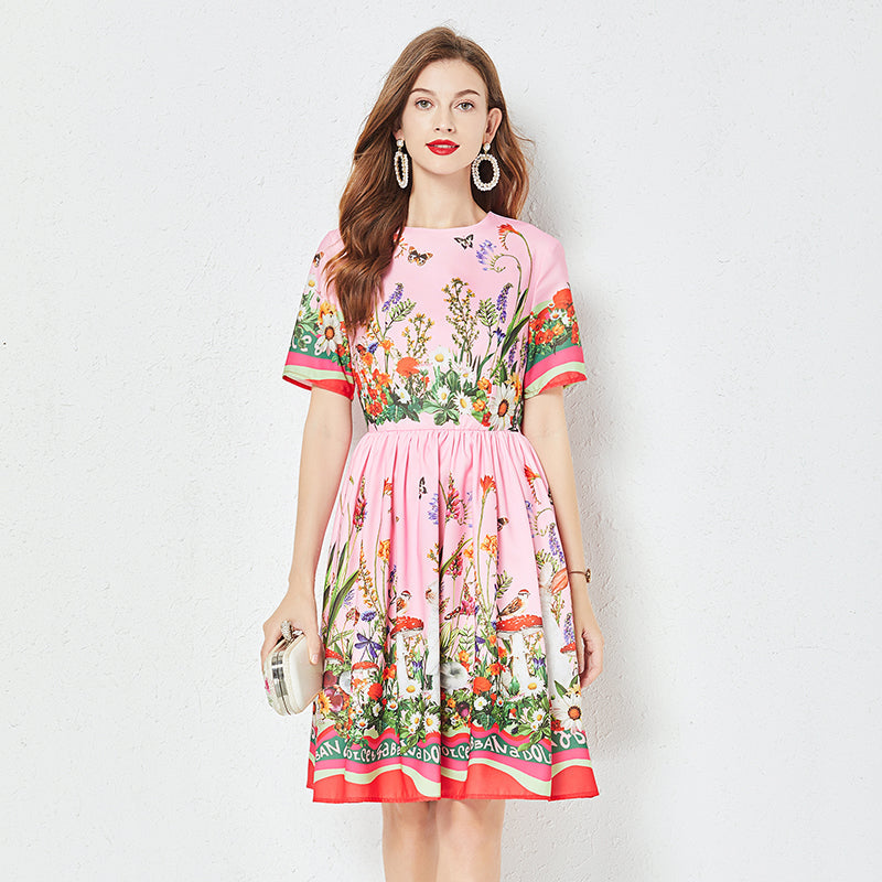 Women Summer New Positioning Butterfly Flower Print Large Swing Dress Short Sleeve A line Dress