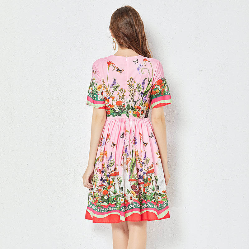 Women Summer New Positioning Butterfly Flower Print Large Swing Dress Short Sleeve A line Dress