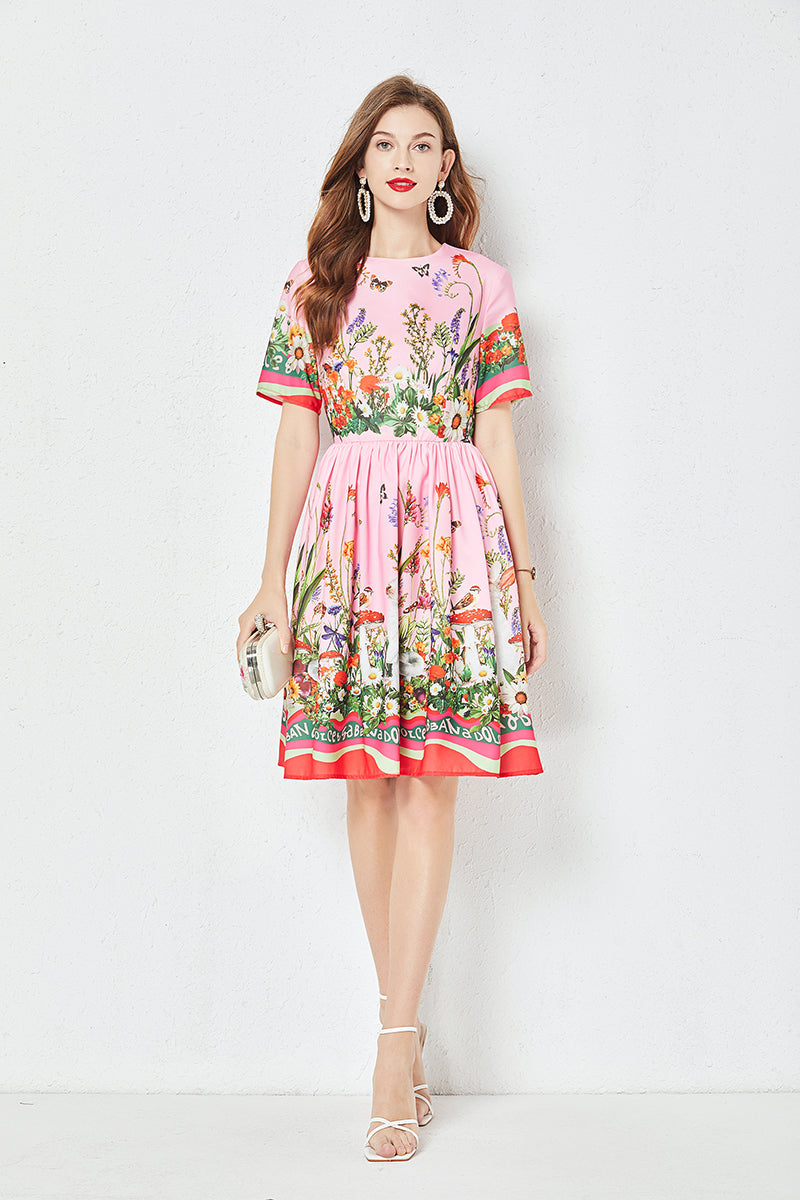 Women Summer New Positioning Butterfly Flower Print Large Swing Dress Short Sleeve A line Dress Pink