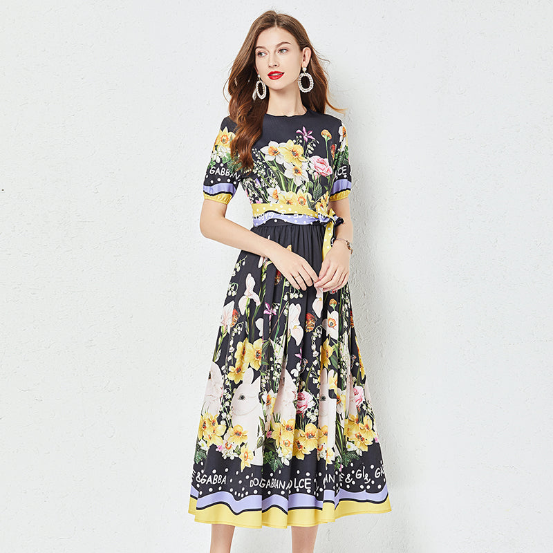 Women Summer New Positioning Flower Print Large Swing Dress Short Sleeve A line Dress