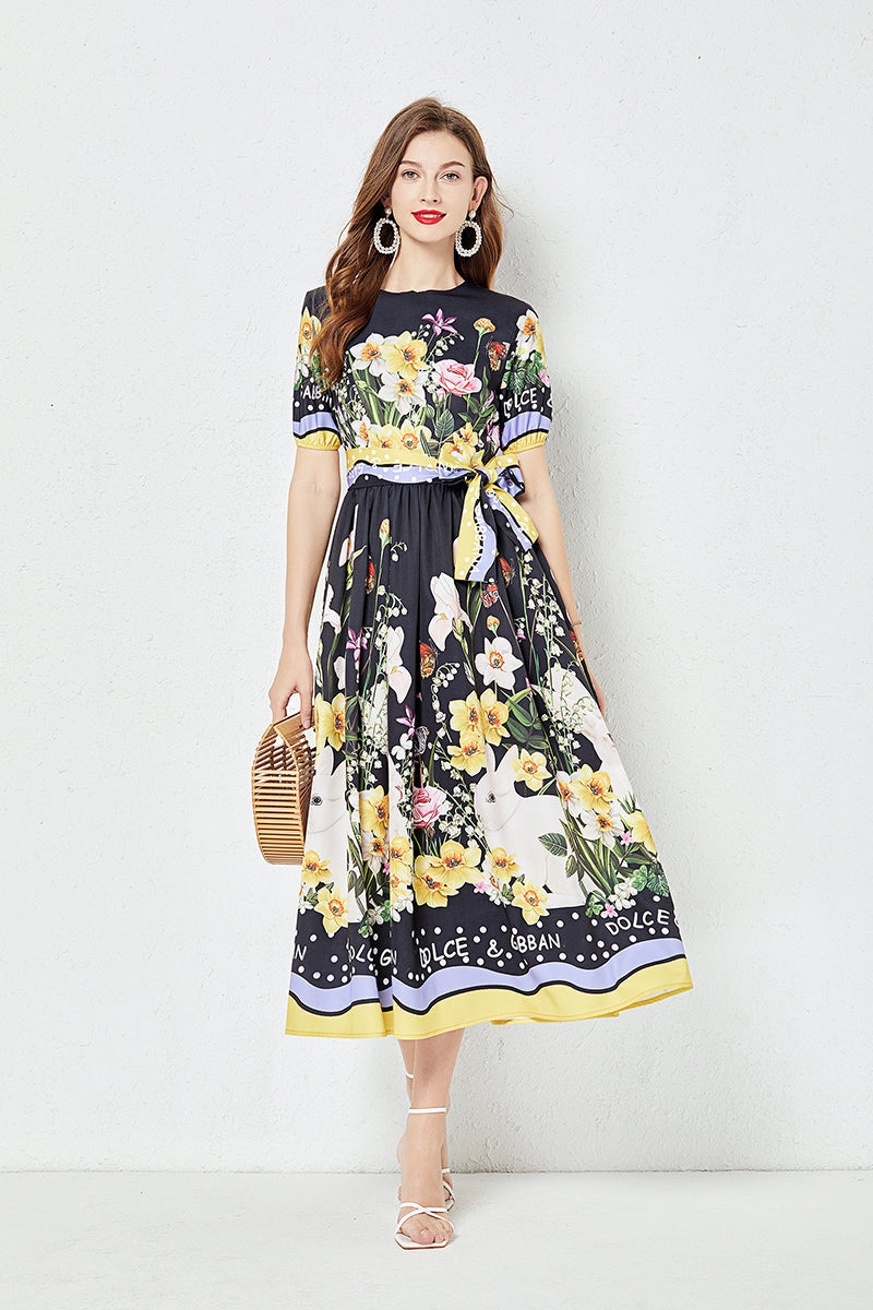 Women Summer New Positioning Flower Print Large Swing Dress Short Sleeve A line Dress Multi-1