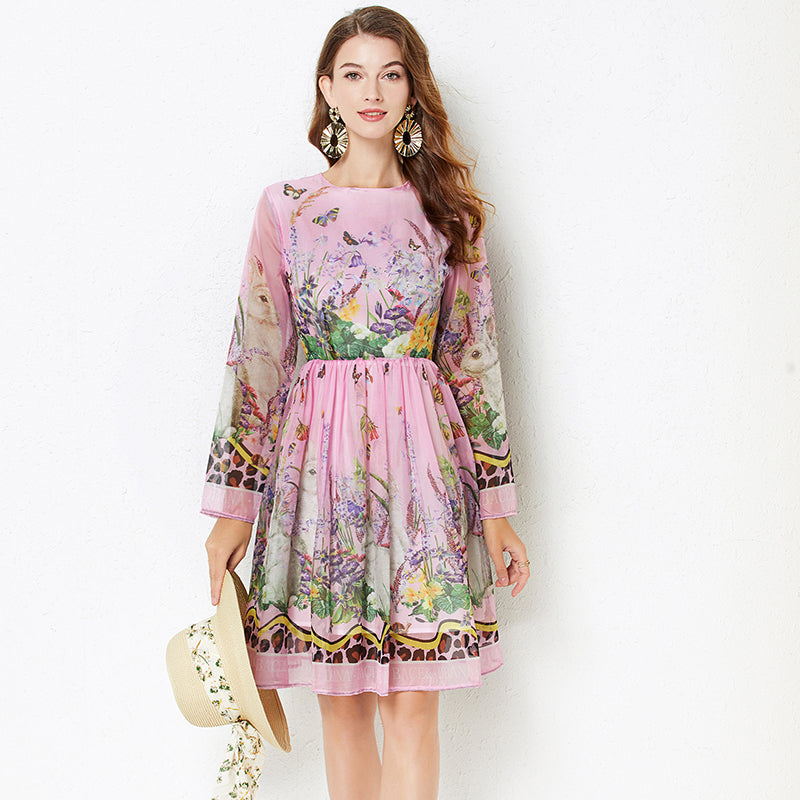 Women Summer Positioning Rabbit Flower Print Large Swing Dress Long Sleeve A line Dress