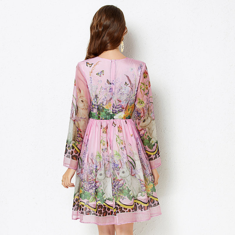 Women Summer Positioning Rabbit Flower Print Large Swing Dress Long Sleeve A line Dress