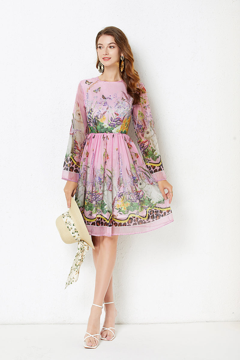 Women Summer Positioning Rabbit Flower Print Large Swing Dress Long Sleeve A line Dress Multi-1