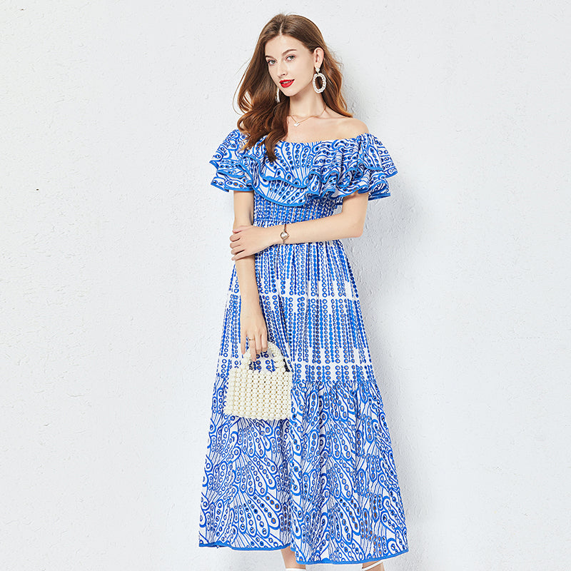 Women Summer Cotton Embroidered Hollow Waist Dress Shoulder Ruffled Long Dress