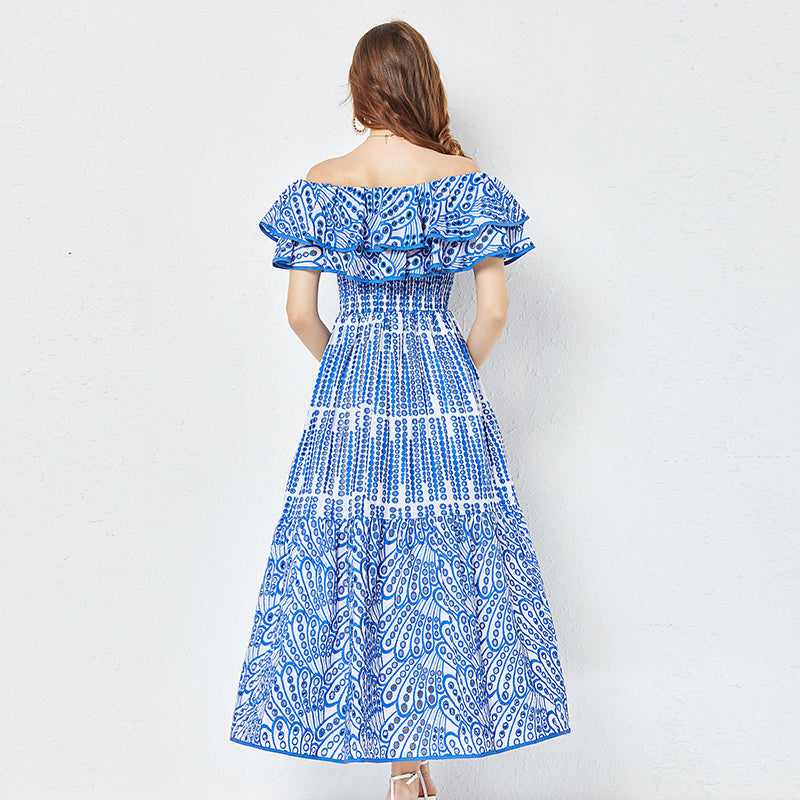 Women Summer Cotton Embroidered Hollow Waist Dress Shoulder Ruffled Long Dress