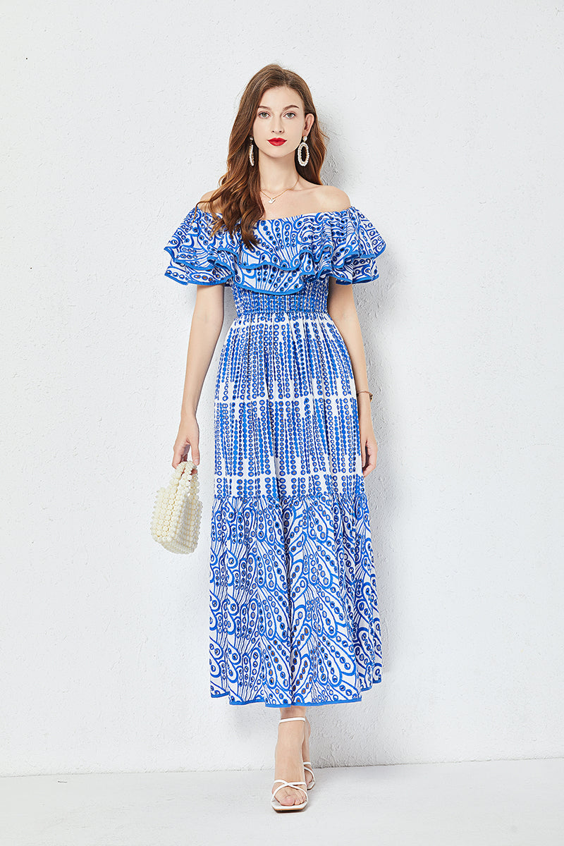 Women Summer Cotton Embroidered Hollow Waist Dress Shoulder Ruffled Long Dress Blue