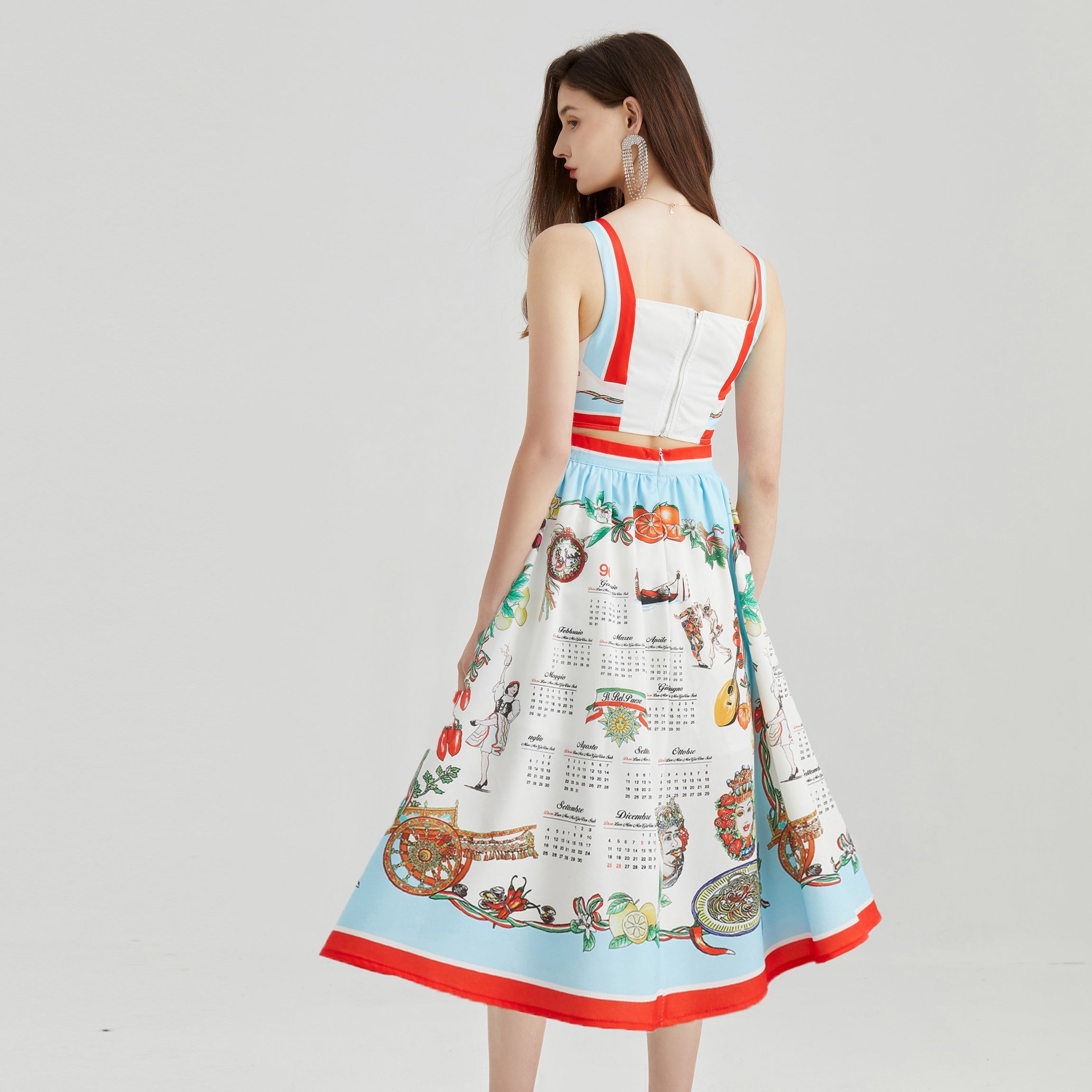 Women Summer Fruit Printed Stitching Three Dimensional Strapless Skirt Two Piece Set