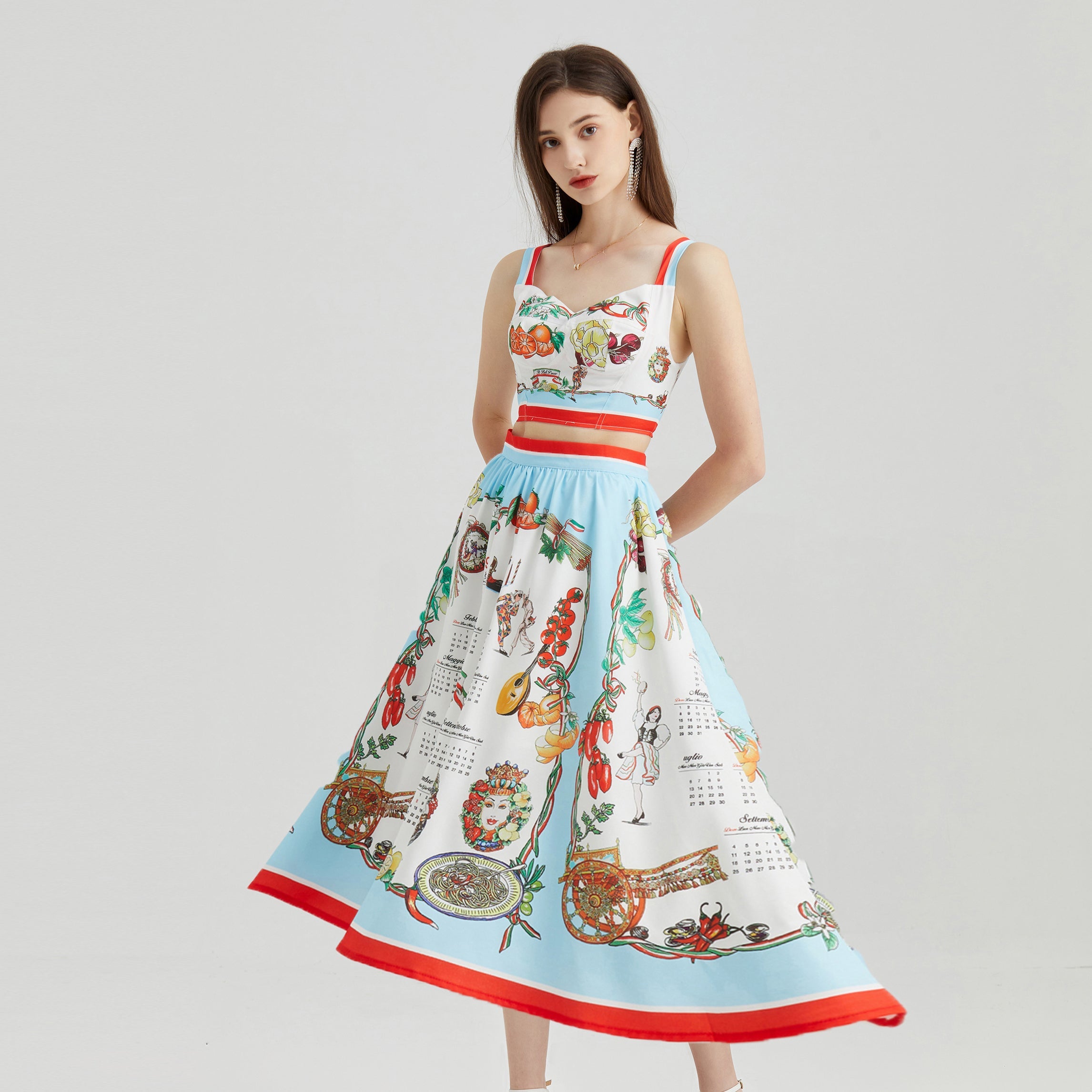 Women Summer Fruit Printed Stitching Three Dimensional Strapless Skirt Two Piece Set