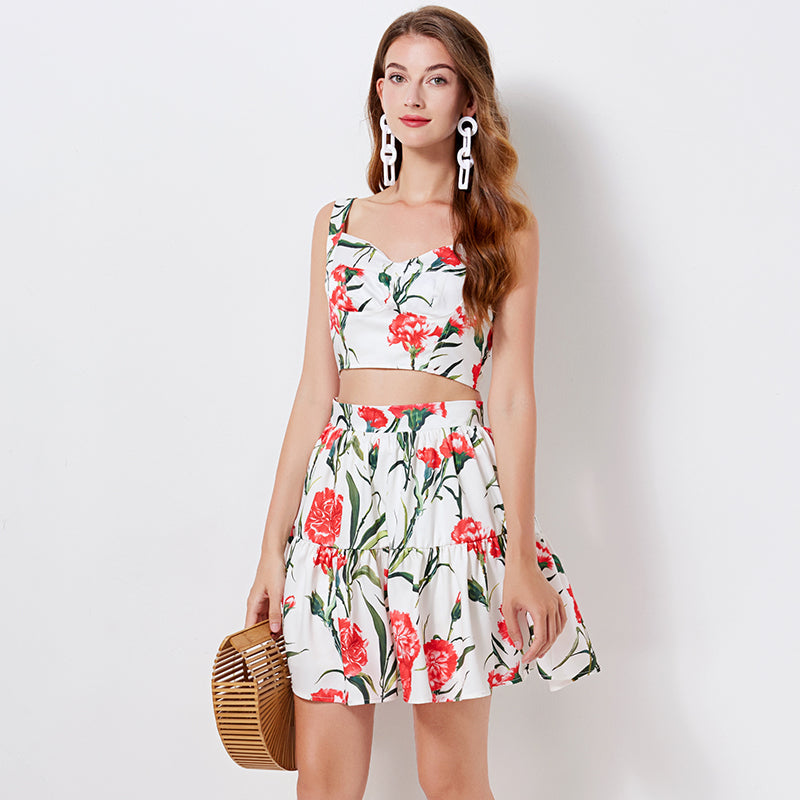 Women Summer Printed Three Dimensional Tube Top Sling Skirt Fashion Set