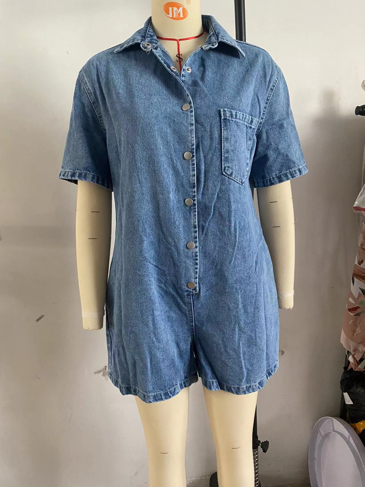 Summer Street Hipster Collared Short Sleeve Shorts Denim Jumpsuit