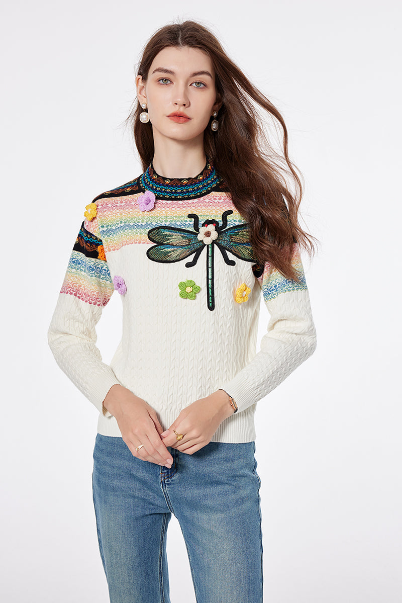 Women Spring and Autumn Bee Embroidered Heavy Industry Handmade Flower Crewneck Pullover Sweater Jacquard Knitted Top