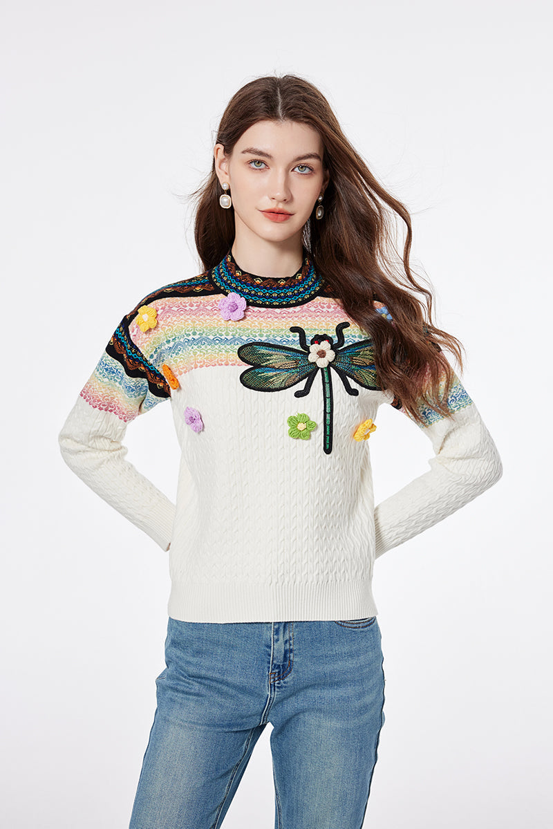 Women Spring and Autumn Bee Embroidered Heavy Industry Handmade Flower Crewneck Pullover Sweater Jacquard Knitted Top