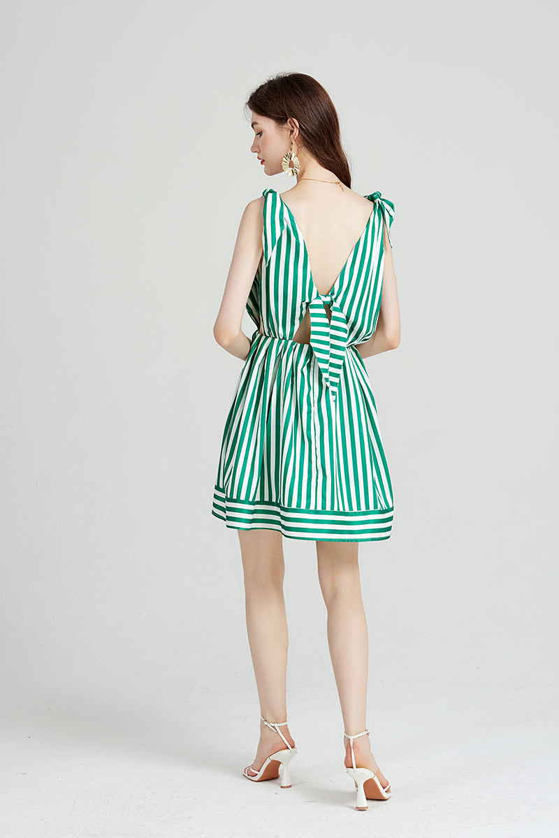 Women Summer New Arrival Striped Bow Strap Distinctive Tight Waist Dress Beach Holiday A line Dress