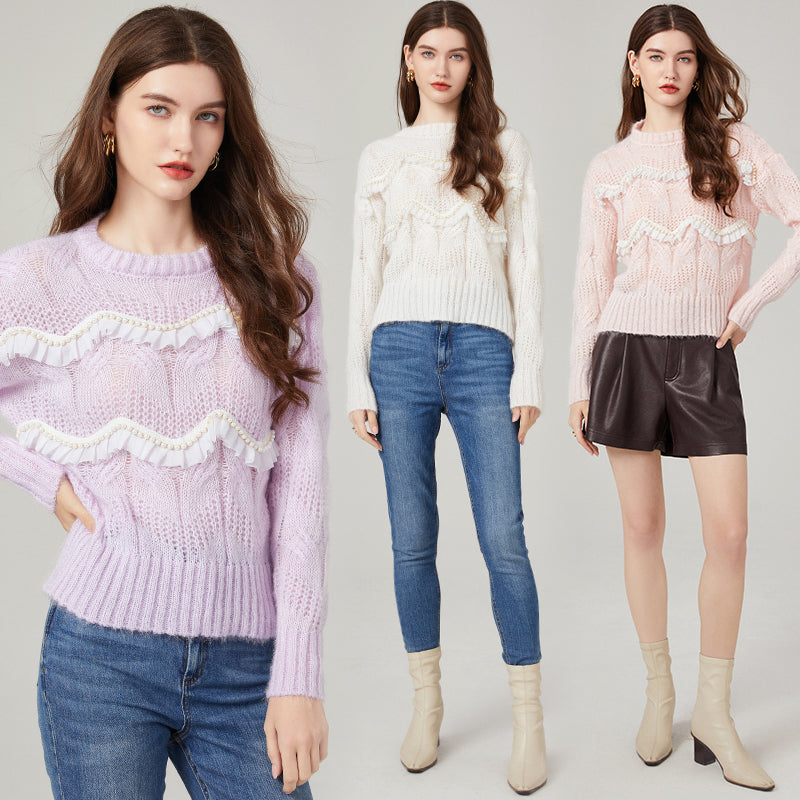 Women Autumn and Winter New Sweet Young Girl Style Heavy Industry Ruffled Beaded Sweater Mohair Knitted Top