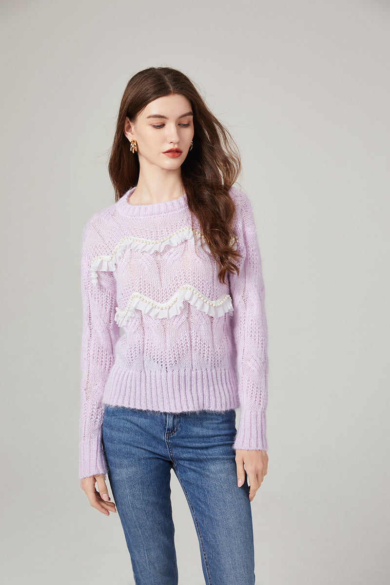 Women Autumn and Winter New Sweet Young Girl Style Heavy Industry Ruffled Beaded Sweater Mohair Knitted Top