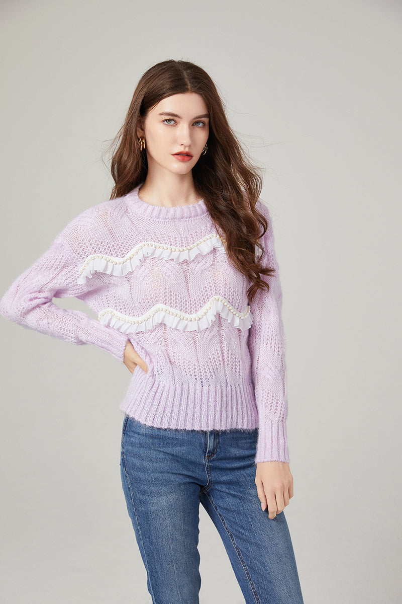 Women Autumn and Winter New Sweet Young Girl Style Heavy Industry Ruffled Beaded Sweater Mohair Knitted Top