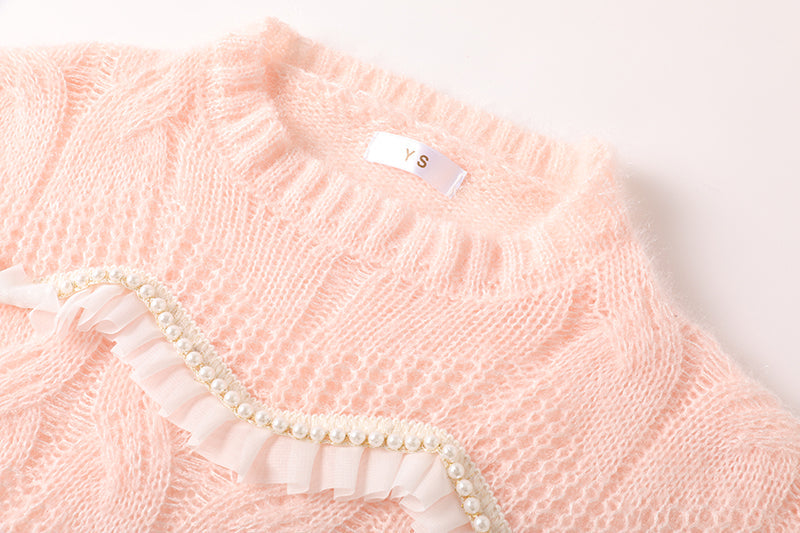 Women Autumn and Winter New Sweet Young Girl Style Heavy Industry Ruffled Beaded Sweater Mohair Knitted Top