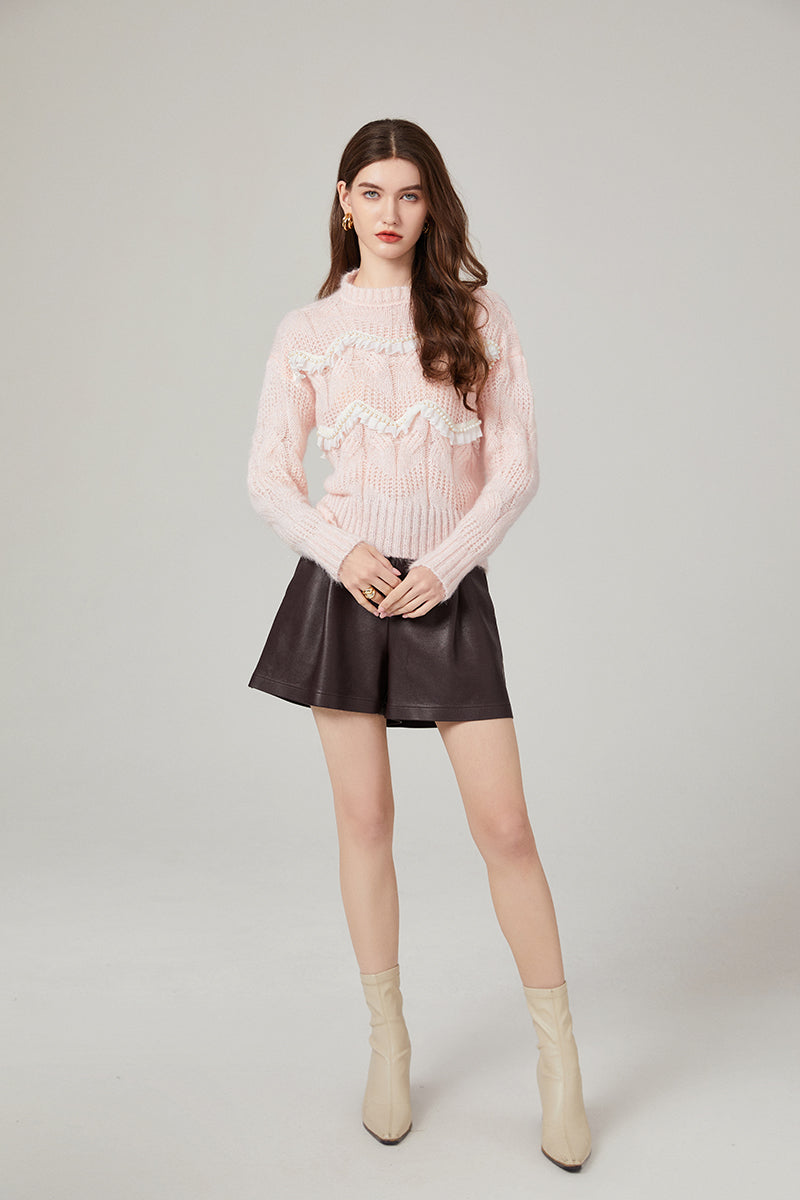 Women Autumn and Winter New Sweet Young Girl Style Heavy Industry Ruffled Beaded Sweater Mohair Knitted Top One Size Pink