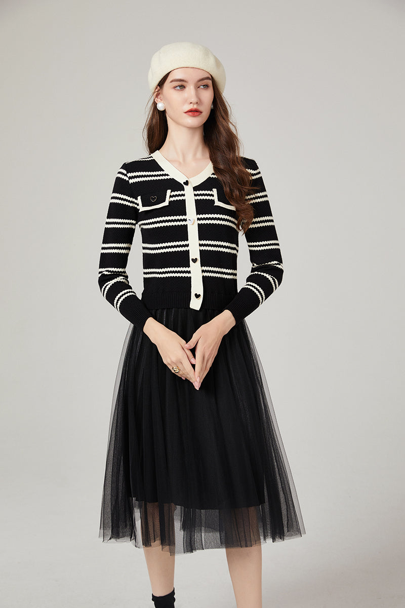 Women Autumn and Winter New Chanel Striped Knitwear Stitching Mesh Dress Elegant Yarn Dress