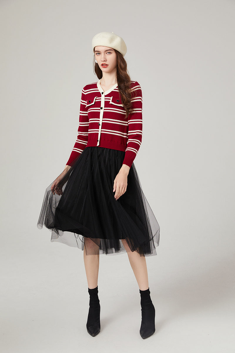 Women Autumn and Winter New Chanel Striped Knitwear Stitching Mesh Dress Elegant Yarn Dress