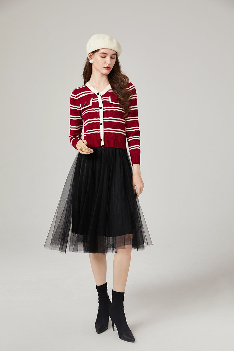 Women Autumn and Winter New Chanel Striped Knitwear Stitching Mesh Dress Elegant Yarn Dress