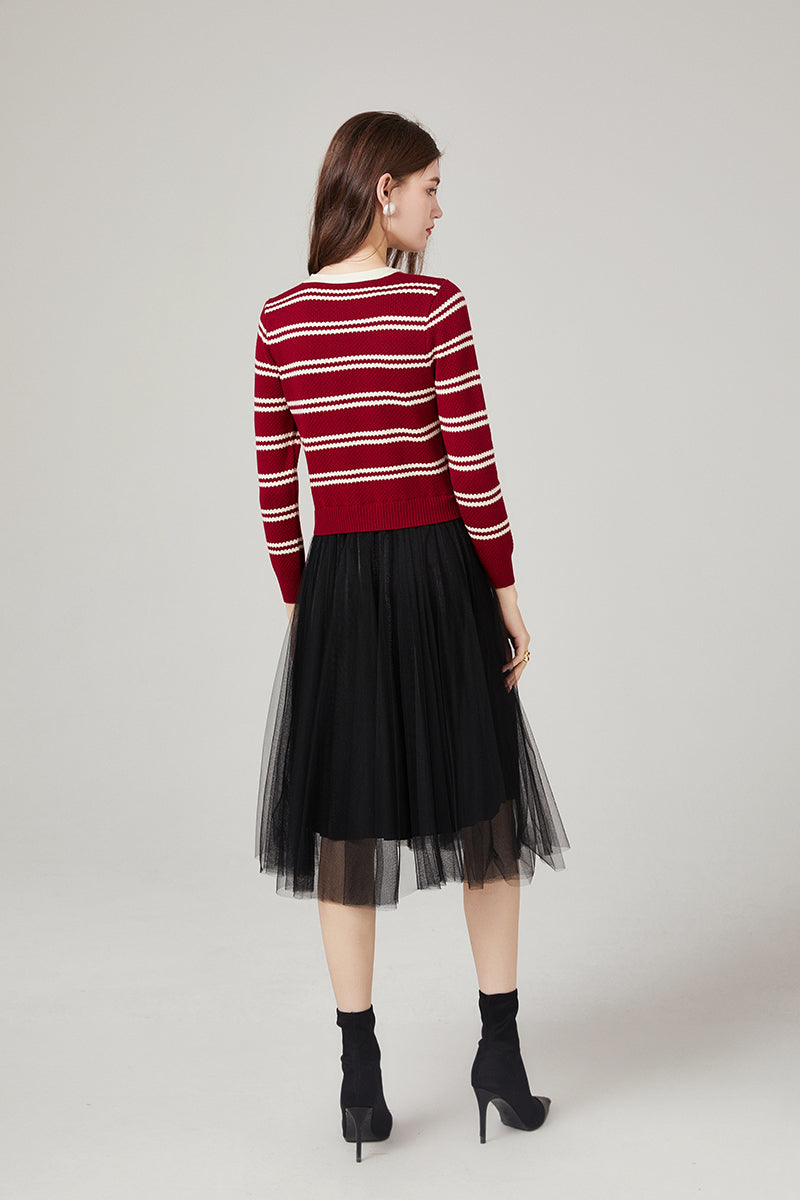 Women Autumn and Winter New Chanel Striped Knitwear Stitching Mesh Dress Elegant Yarn Dress