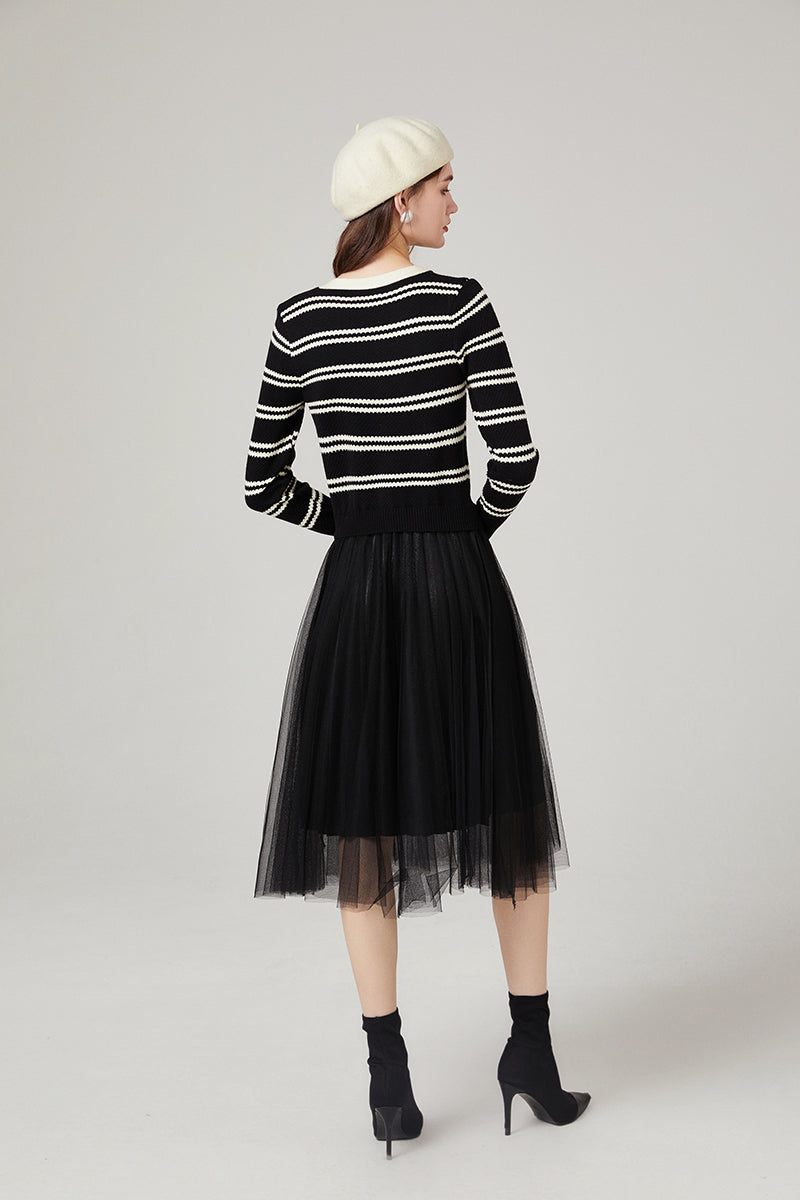 Women Autumn and Winter New Chanel Striped Knitwear Stitching Mesh Dress Elegant Yarn Dress