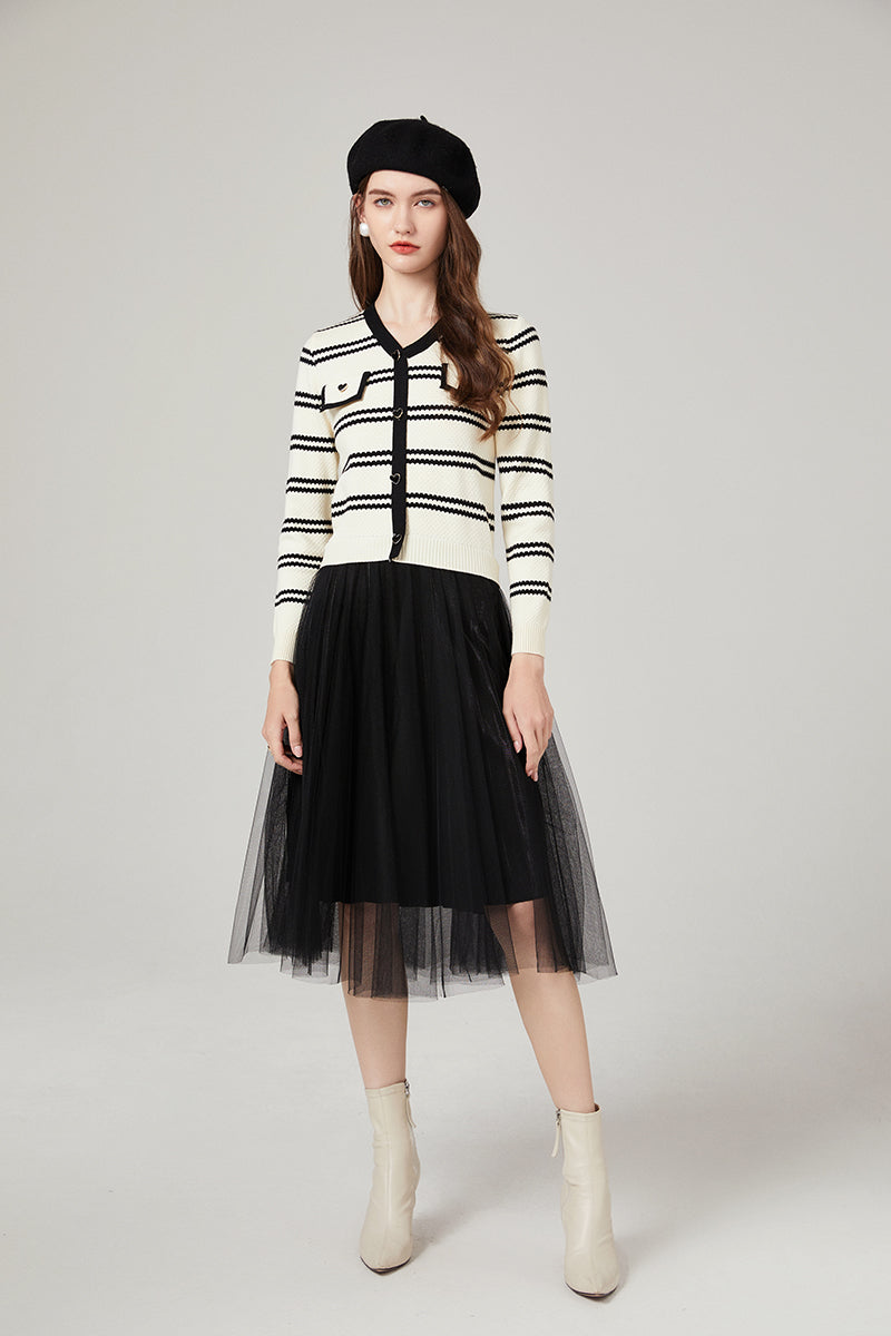 Women Autumn and Winter New Chanel Striped Knitwear Stitching Mesh Dress Elegant Yarn Dress