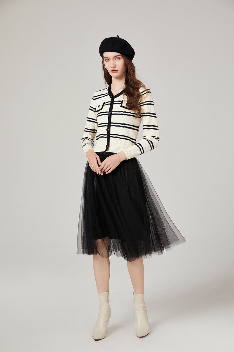 Women Autumn and Winter New Chanel Striped Knitwear Stitching Mesh Dress Elegant Yarn Dress