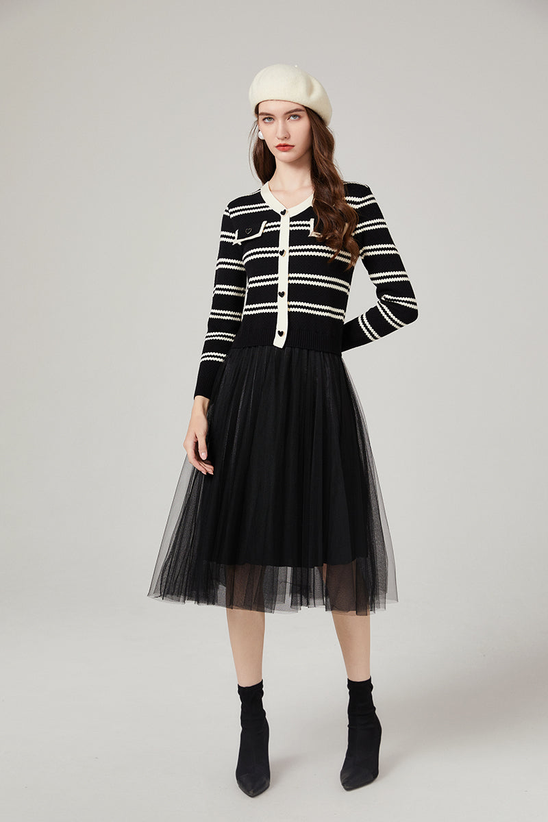 Women Autumn and Winter New Chanel Striped Knitwear Stitching Mesh Dress Elegant Yarn Dress Black