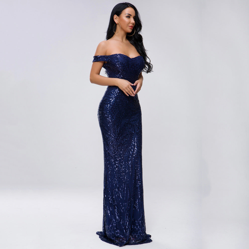 Women Clothing Dress Sexy Sequined Tube Top Mopping Banquet Party Evening Dress Fishtail Dress Prom Formal Gown Purplish blue