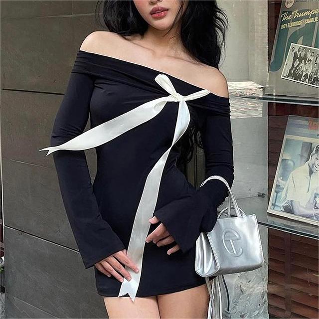 Women Clothing Spring Summer Long Sleeve off Shoulder Bow Sheath Sexy Dress