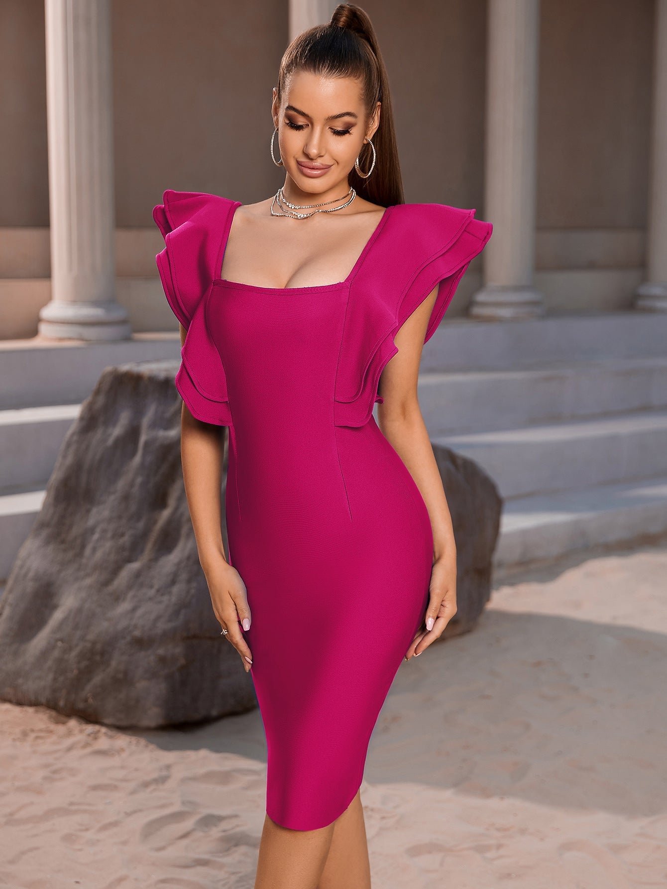 Summer Party Bandage Dress Vestido Sexy Ruffles Butterfly Sleeve Tight Club Dress Coral Red