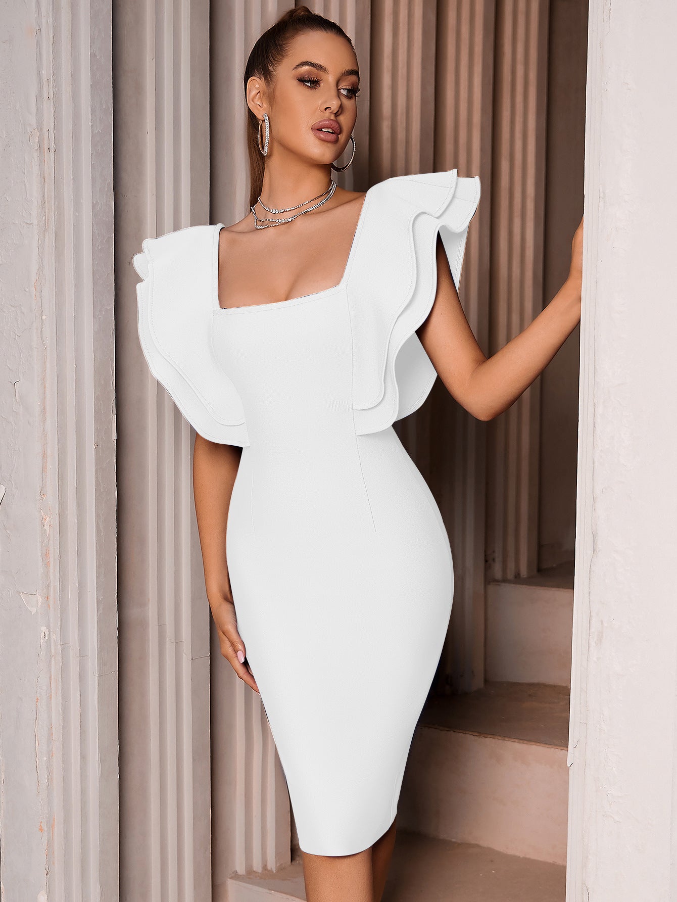 Summer Party Bandage Dress Vestido Sexy Ruffles Butterfly Sleeve Tight Club Dress White